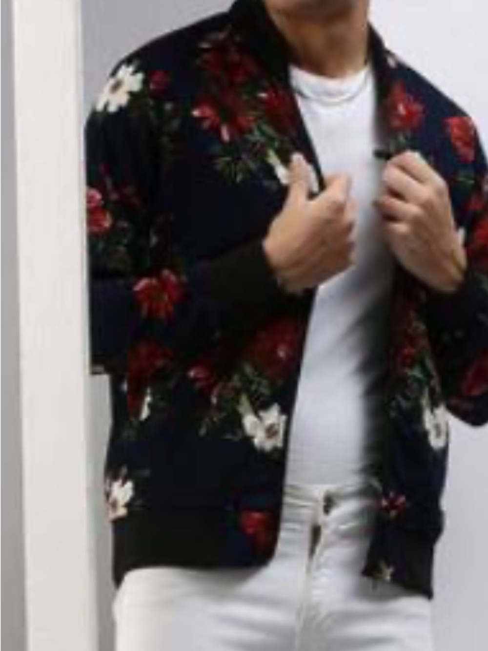 Denim & Flower Navy Floral Zip Shirt Jacket with Red & White Blooms